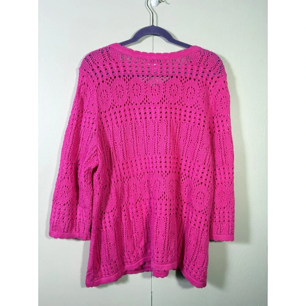 Cj Banks Hot Pink Open Knit Button Front Cardigan Sweater 1X Coastal Boho layer